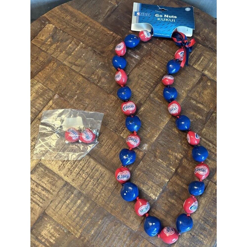 NBA Los Angeles Clippers Kukui Nut Lei Necklace And Earrings NWT Red And Blue